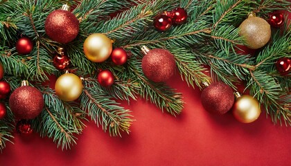 Poster - flat lay with pine tree branches with red and golden christmas balls on red