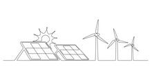 Wind Farm Turbine, Solar Panel With Sun Continuous One Line Icon Drawing. Renewable Source Energy Concept Vector Illustration In Linear Style. Contour Line Sign For Innovation, Environment Design