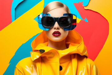 Wall Mural - Portrait of a young woman in bright yellow raincoat and stylish sunglasses on colorful background. Beauty and fashion concept.