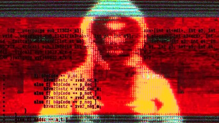 Wall Mural - computer hacker with hoodie and glitch face. computer abstract digital code at the background. darkn