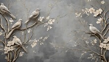 Vintage Photo Wallpaper With Branches And Birds On Grey Background Design For Wallpaper Photo Wallpaper Fresco