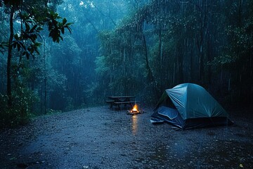 set up a camping tent in the middle of a forest where it was raining heavily. ai generated