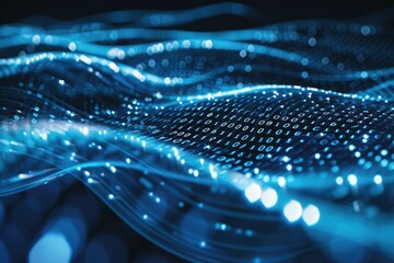 Blue digital binary data on computer screen background, Ai generated