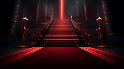 Red carpet on the stairs on dark background, the way to glory, victory and success