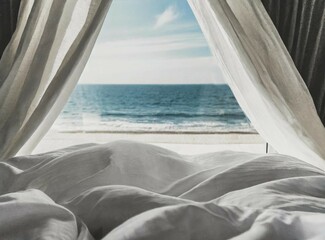 Poster - Resort hotel room with view to the coast. Summer vacation on the beach.