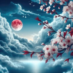 Wall Mural - A cherry blossom branch in full bloom, set against a sky filled with fluffy clouds and a radiant red moon