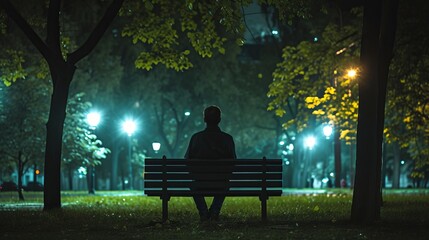 Lonely man on bench in a park at night with lights on