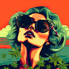 Сolorful Illustration With A Beautiful Girl's Face And Cannabis Leaves. Modern, Stylish Pop Art Marijuana Banner