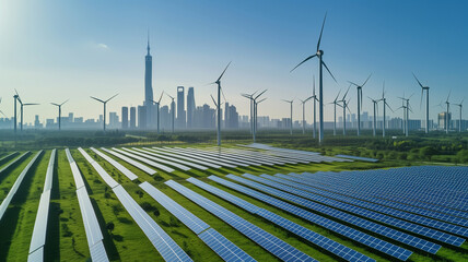 renewable energy farm with rows of solar panels and wind turbines illuminated by the golden sunrise. In the distance, the silhouette of a city skyline