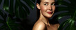 © Beauty Agent Studio - Skin care beauty portrait of young woman with wet hair and hydrated skin posing against exotic green plants. Organic natural skincare cosmetics