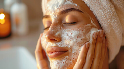 A young woman washes her face with cosmetic facial foam, against the backdrop of a bathroom in natural daylight. Spa, beauty, facial care concept.