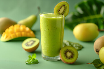 Wall Mural - Kiwi green smoothie with tropical fruits 