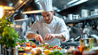 The restaurant's chef is cooking with concentration, wearing a snow-white uniform. Close-up, dynamic shot.