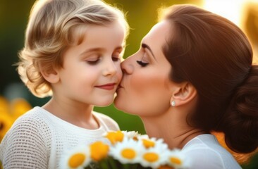 Woman with a bouquet of flowers kisses a child on the cheek