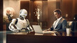 A humanoid robot works in an office on a laptop, showcasing the utility of automation in repetitive and tedious tasks