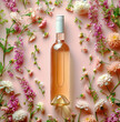  A bottle of wine in flowers, on a pink background in pastel colors. Top view with a meta for text. Advertising photo