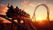 Amusement park silhouette, Loop. Thrilling roller coaster ride.