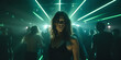 Woman in club spotlight in sunglasses. Girl in night club laser lights. Trance music with green neon background