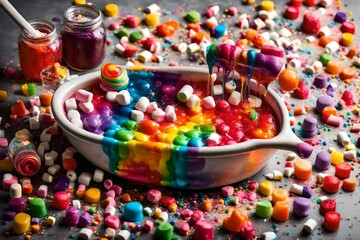 small beans , candies , ice cream in multicolor , jelly in multicolor, beans , bowl with colorful eatable full frame background 