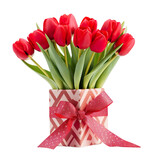 Fototapeta Tulipany - Fresh spring red tulips in vase with heart present box Isolated on transparent background.
