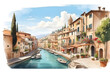 Front view of aesthetic Italy landscape illustration or cartoon