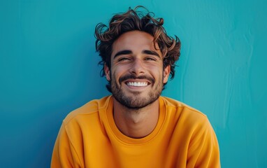 handsome man wearing sweatshirt, happy smiling face expression