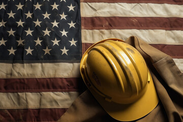 Wall Mural - Yellow safety helmet on America flag background