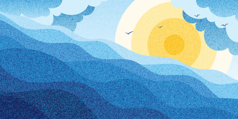 Wall Mural - Vector drawing of sea waves and the sun, noise pattern, pointillism, cartoon illustration