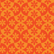 Orange And Tangerine Retro Flowers On Geometric Scallop Shapes Seamless Pattern. For Fabric, Textile , Wallpaper And Home Décor