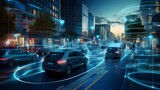 Fototapeta Uliczki - Visualization of the interaction of self-driving autonomous vehicles. Robotic cars are controlled by AI, driving along a busy city avenue, scanning the road with sensors, exchanging information.