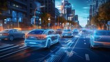 Fototapeta Uliczki - Visualization of the interaction of self-driving autonomous vehicles. Robotic cars are controlled by AI, driving along a busy city avenue, scanning the road with sensors, exchanging information.