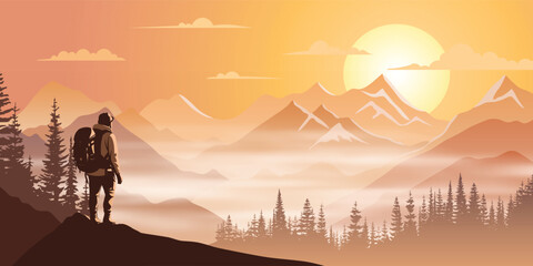 Wall Mural - A tourist meets the sunrise in the mountains, hiking, adventure tourism and travel, vector illustration