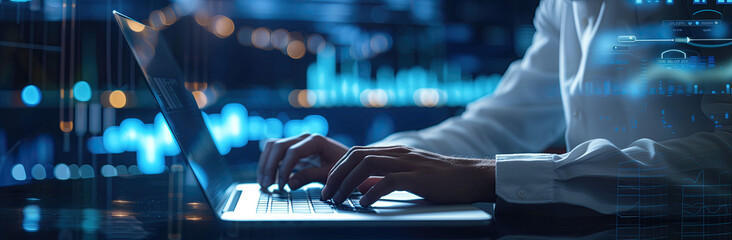 hands working on a computer showing symbols for stocks and trading and finance