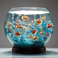 Light watercolor glass fishbowl containing tropical fish on a dark background