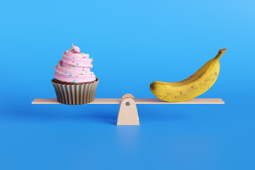 Pink cupcake and yellow banana on each side of a wooden seesaw on blue background. Illustration of the concept of food selection between healthy and junk foods