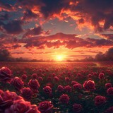 Fototapeta Niebo - Rose field. Stunning landscape with Roses field at sunset 