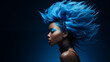 Fabulous woman with blue hair, beautiful female long wavy hair beauty salon, fashion model concept healthy, natural hair