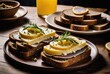 An open-faced sandwich made with dark bread, butter, and slices of smoked Baltic herring by ai generated