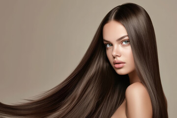  Fashion woman with straight long shiny hair. Beauty and hair care. model girl with shiny brown and straight long hair. Keratin straightening. Treatment, care and spa procedures. Smooth hairstyle