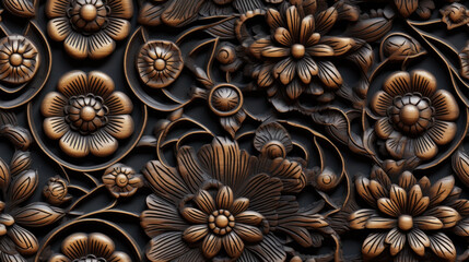 Wall Mural - Pattern of flower carved on wood background