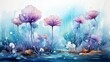Underwater plants, algae and corals. Watercolor drawing on a white background. Underwater art