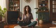 A Focused Young Woman Practices Mindful Meditation In Her Tranquil Home. Сoncept Mindful Meditation, Tranquil Home, Focused Woman, Practice, Inner Peace