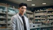 © Virtual Art Studio - Confident male pharmacist standing in a modern pharmacy with shelves of medications in the background.