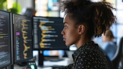 Software developer intently coding on multiple computer monitors, reflecting cutting-edge technology expertise
