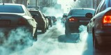Fototapeta  - Gridlocked Car Emits Visible Exhaust Fumes, Contributing To Air Pollution. Сoncept Air Pollution Effects On Health, Causes Of Vehicle Emissions, Sustainable Transportation Solutions
