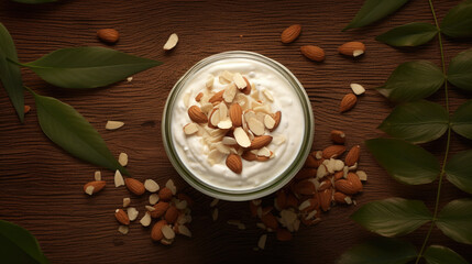 Wall Mural - Bowl of yogurt topped with almonds and garnished with leaves. Perfect for healthy breakfast or snack