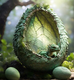 Fototapeta Konie -  beautiful newborn green dragon seating in egg against forest background. 2024 year chinise symbol. New year concept. AI generated