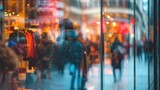 Fototapeta  - Detailed view of a storefront window in a busy shopping district, reflections of diverse shoppers