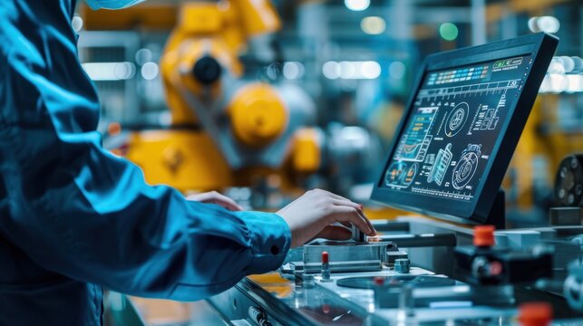 Detailed view of a worker's hands operating machinery, economic reports on manufacturing jobs in the background