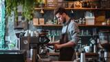 Fototapeta  - Zoomed-in image of a barista at a coffee shop, background showing economic impact of service industry